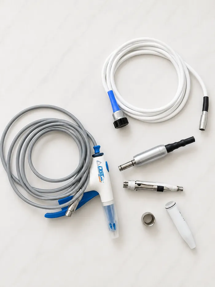 Disassembled dental handpieces, couplers and tubing laid out for cleaning and lubrication service, Orange County